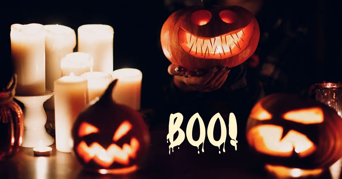 Halloween Boo congratulations card with pumpkins 