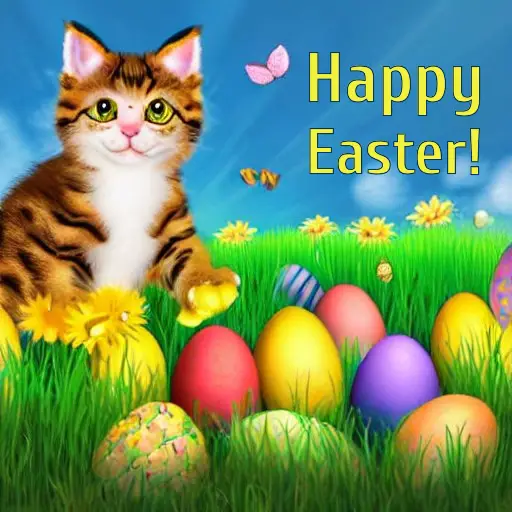 Happy Easter card with a kitten and easter eggs