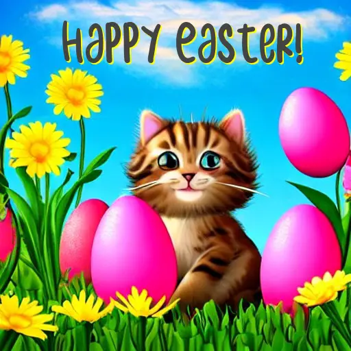 Happy Easter card with kitty among flowers and Easter eggs