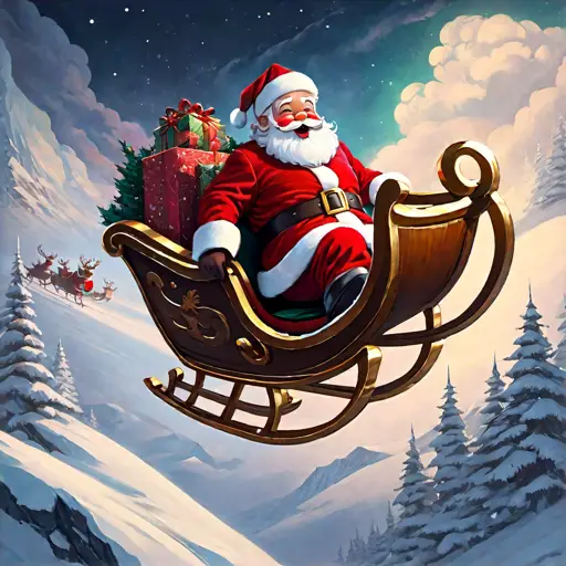 Santa Claus flies over the North Pole in his sleigh